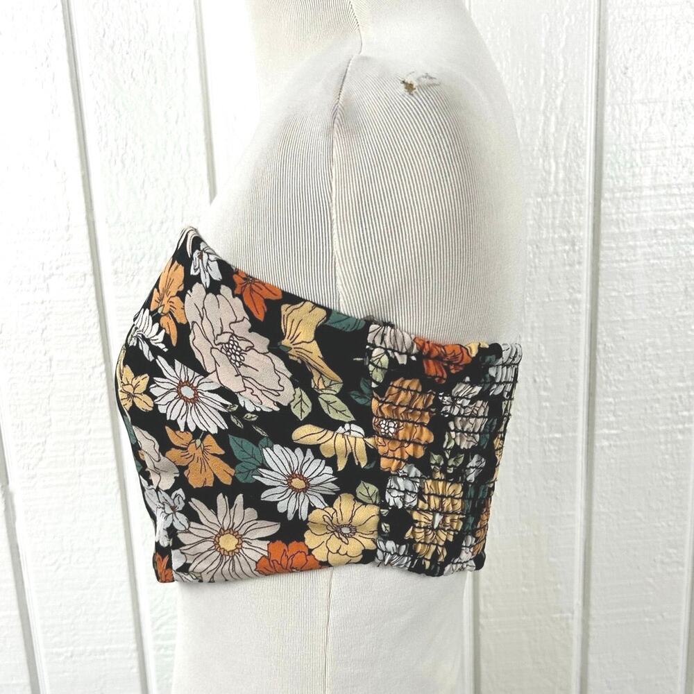 LE LIS Floral Strapless Corset Crop Top M Black Smocked Back Cottagecore Boho - Picture 2 of 5